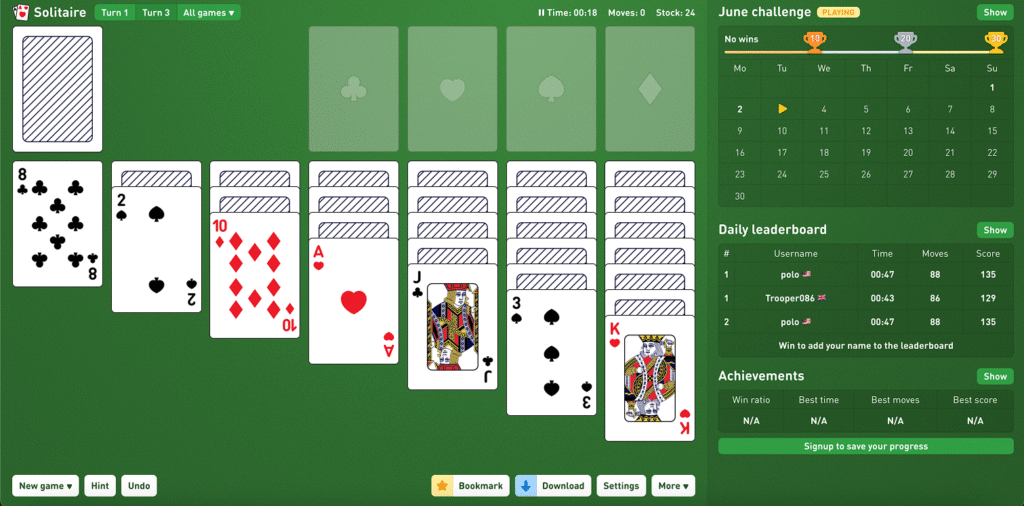 Screenshot of solitaire game, perfect example of distinct buttons